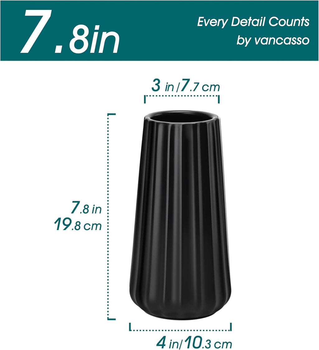 vancasso Ceramic Vase, 7.8 Inch Modern Ribbed Glossy Decorative Vase, Flower vase for Home Decor, Living Room, Bedroom, Office Decor, Black