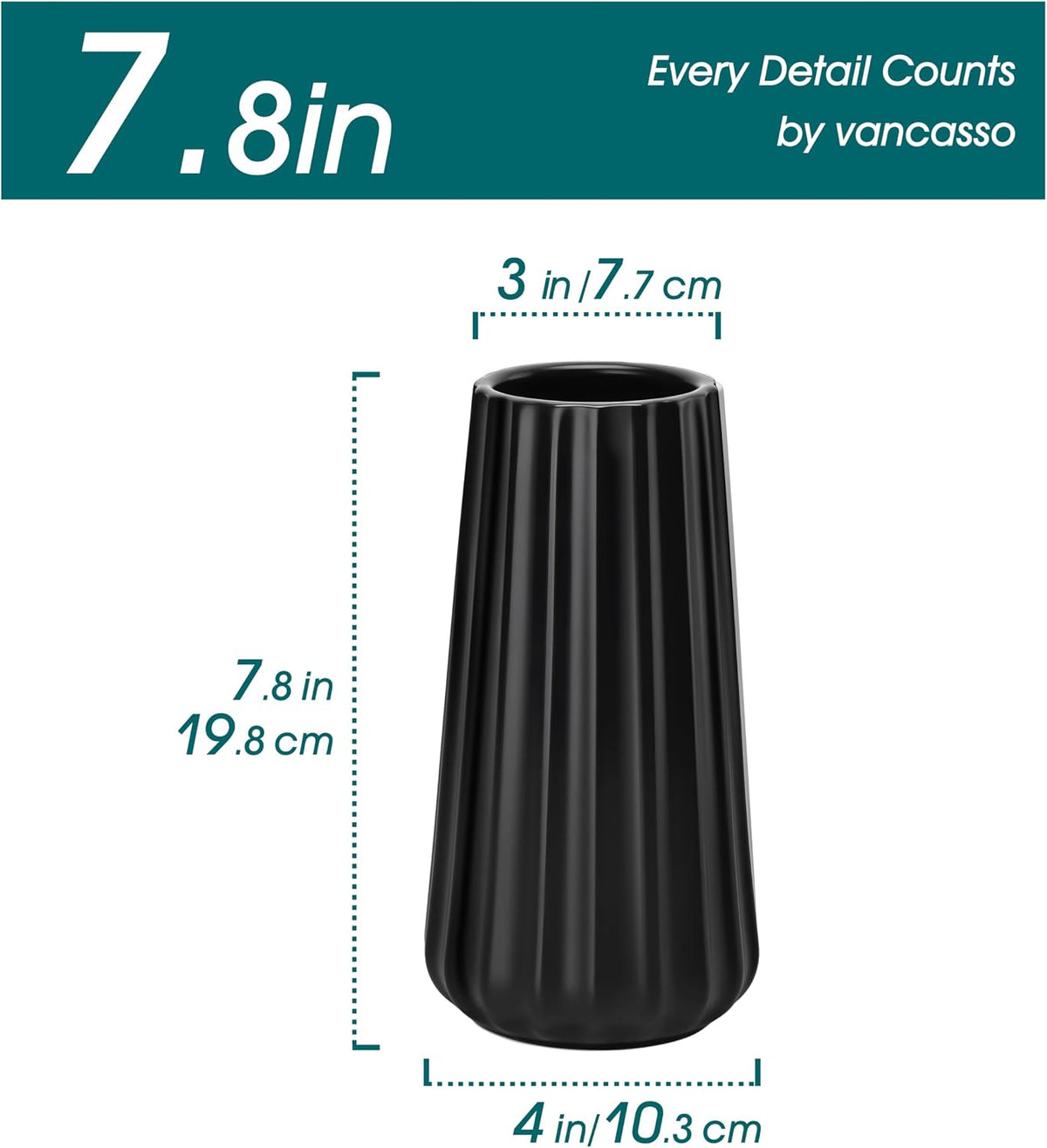 vancasso Ceramic Vase, 7.8 Inch Modern Ribbed Glossy Decorative Vase, Flower vase for Home Decor, Living Room, Bedroom, Office Decor, Black