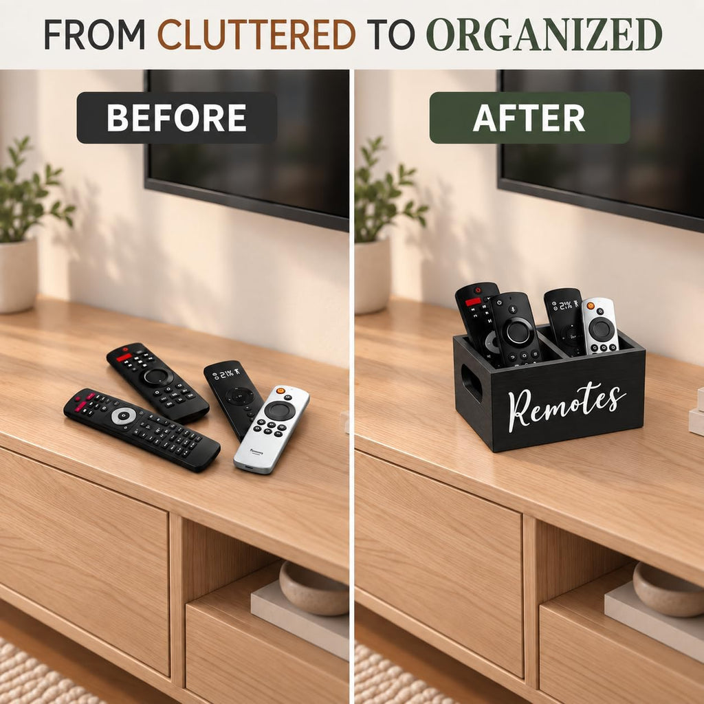 Wooden Remote Control Holder 2 Slots - Farmhouse TV Remote Caddy for Table, Nightstand, Couch - Solid Wood Organizer Box, Black