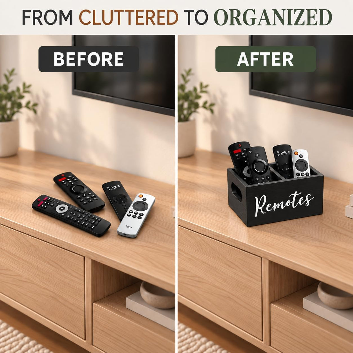 Wooden Remote Control Holder 2 Slots - Farmhouse TV Remote Caddy for Table, Nightstand, Couch - Solid Wood Organizer Box, Black