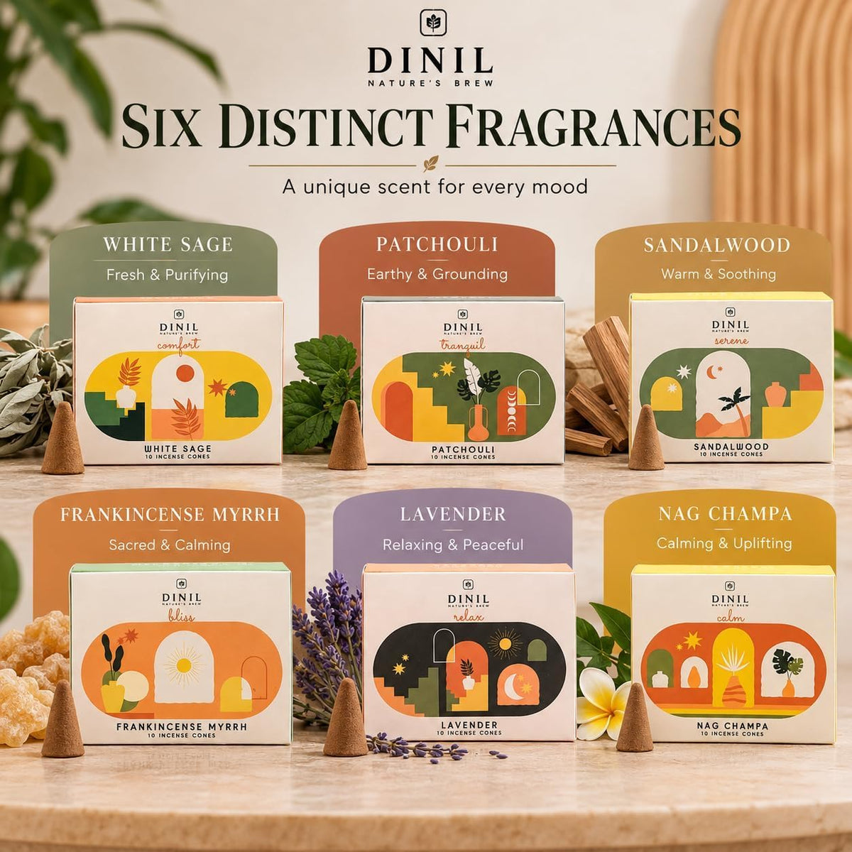 Dinil Boho Bliss Incense Cones Variety Pack, 60 Cones, 6 Fragrances
