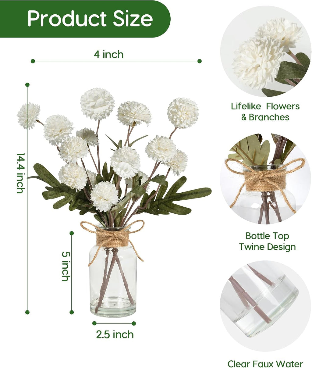 Velener White Faux Silk Mums Fake Flowers in Vase With Faux Water, Fake Plants Artificial Flowers For Home Decor Kitchen Bathroom Farmhouse Living Room Coffee Table Small Centerpieces For Table 1 Pack