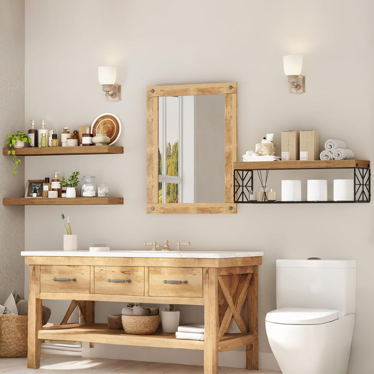 RALGEND Floating Shelves for Wall, 23.6" Wall Mounted Shelves Set of 3, 1.5" Thick Hanging Shelf Storage, Farmhouse Decor for Bathroom, Toilet, Bedroom, Living Room, Kitchen, Rustic Brown 6001BJBF