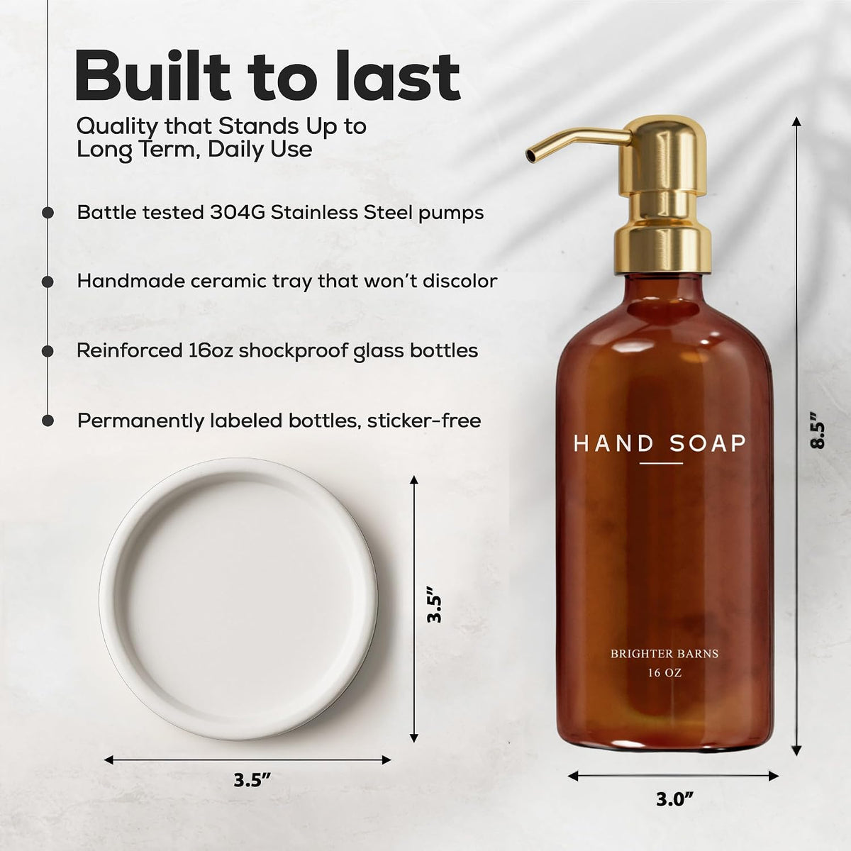 Luxury Glass Hand Soap Dispenser Bathroom Set by Brighter Barns - Refillable Liquid Hand Soap Dispenser Set for Kitchen - Gold Bathroom Decor and Accessories for Spa, Office, Hotel, Gifts (Amber/Gold)