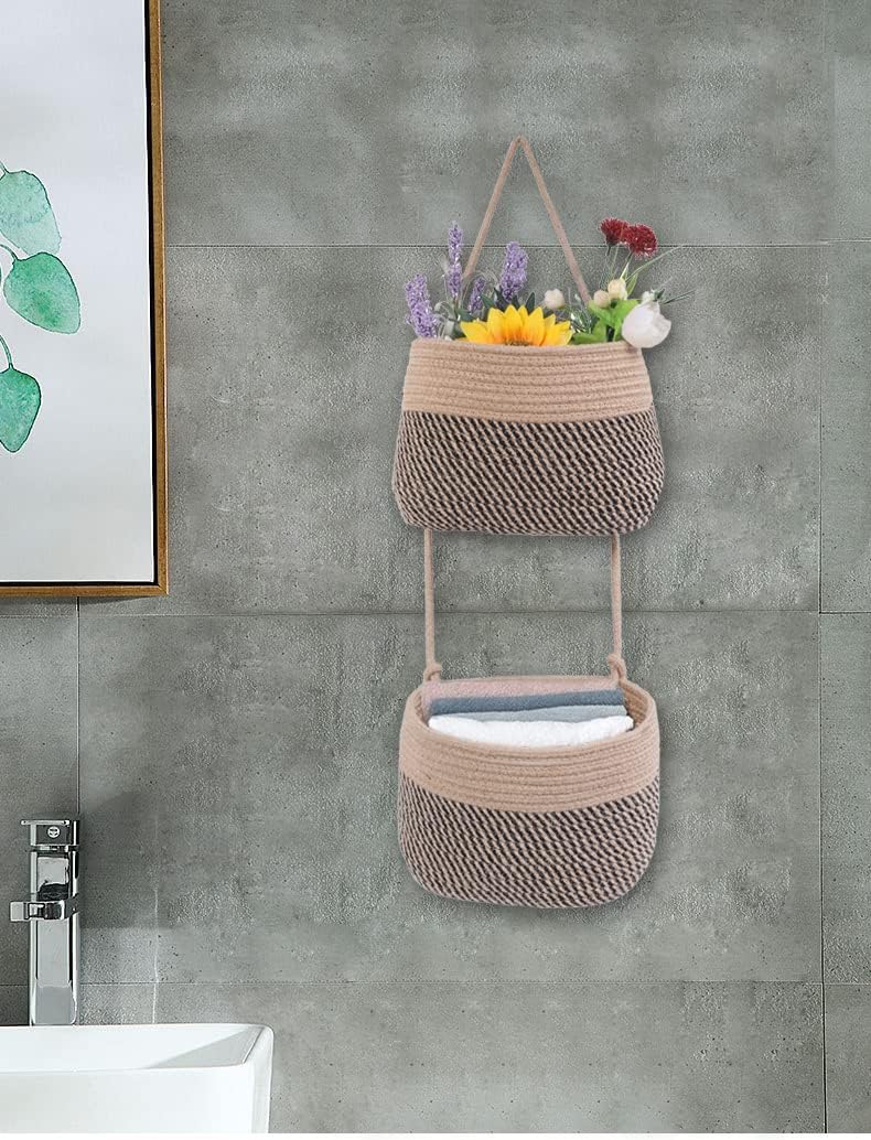 Over The Door Hanging Basket, 2 Tier Cotton Rope Woven Wall Basket, Magazine Racks Hanging Organizer, Decorative Hanging Storage Baskets for Organizing Living Room, Bathroom and Bedroom (Jute-black)