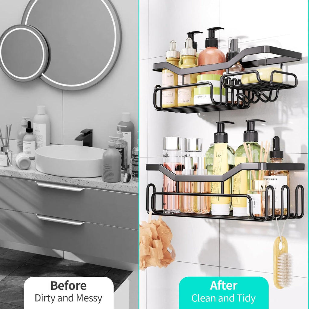 HapiRm Storage Shower Shelves, Shower Caddy organiser with 11 Hooks, Shelf with Razor Holder,Soap Dish,Towel Hook Bathroom Accessories Black,3 Sticker,2 pcs