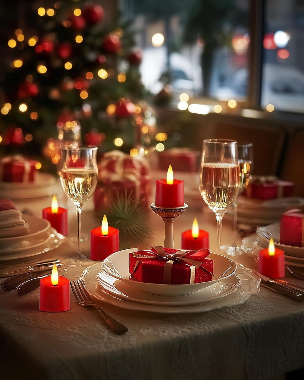 Homemory 12Pack Timer Flameless LED Votive Candles, Realistic Flickering 3D Flame Candles, Long Lasting Battery Operated Tealight, for Thanksgiving Day, Christmas, Wedding Decor-Red Base