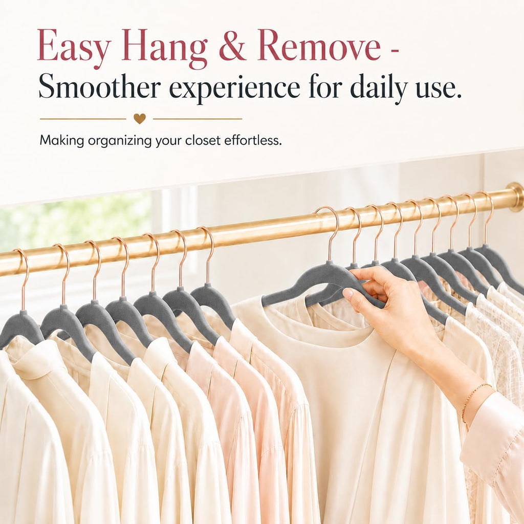 Smartor Grey Velvet Hangers 50 Pack, Non Slip Rose Gold Hook Felt Hangers