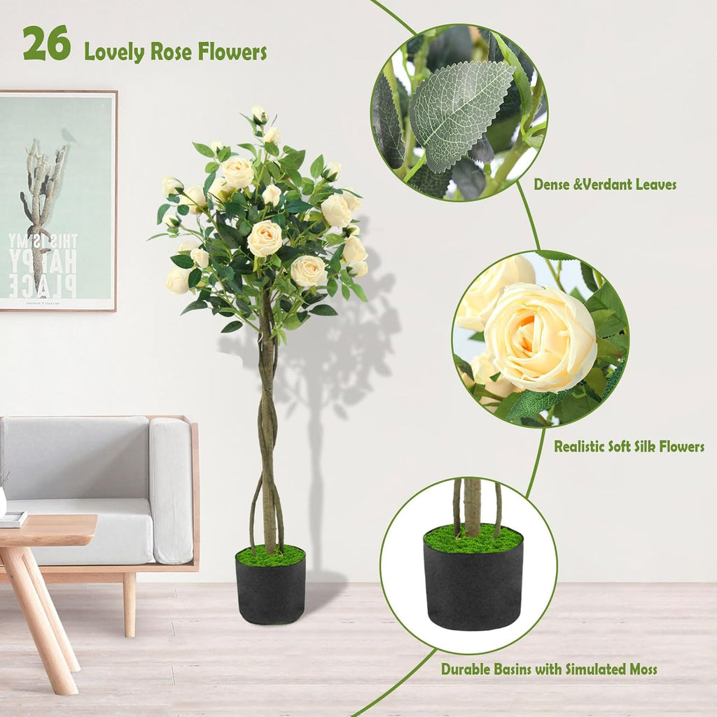 Artificial Rose Tree – Faux Plants Indoor 4FT, with Easy Assembly, Low Maintenance, Ideal for Home, Office, Outdoor Porch, Patio, Garden, Doorway, Living Room, New House Decor (Champagne)