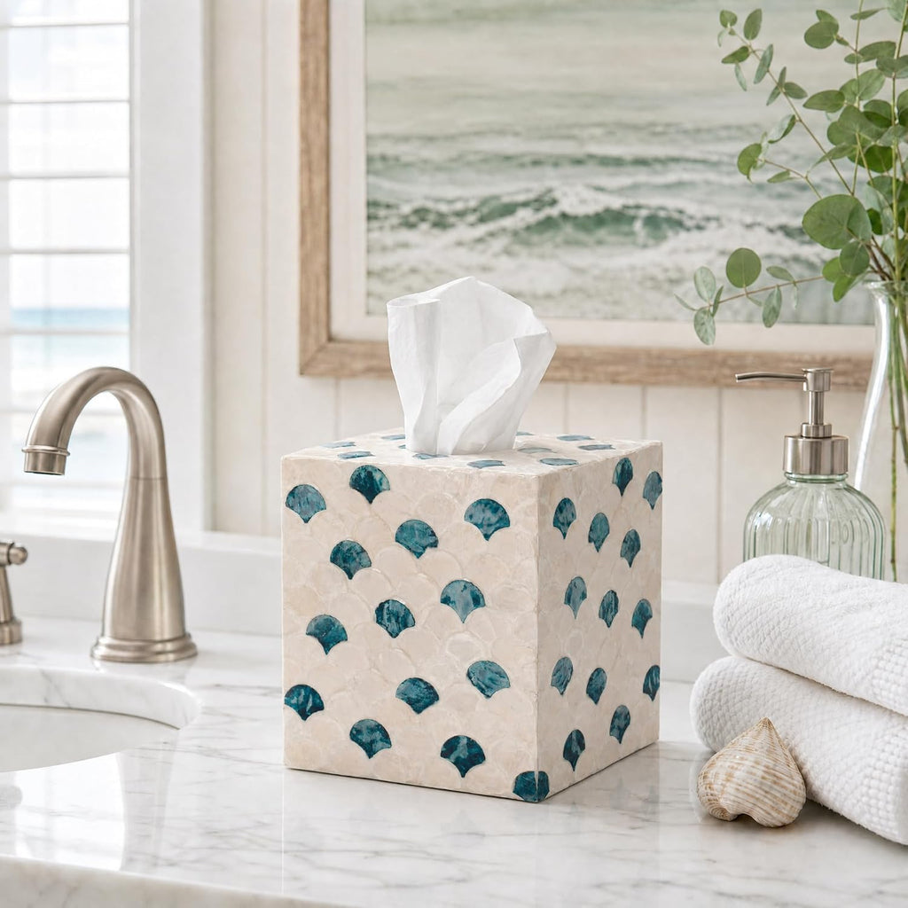 YANGQIHOME Capiz Shells Tissue Box Cover, Handmade Decorative Tissue Box Holder with Mother of Pearl, Square Facial Tissue Holder for Bathroom, Living Room, Kitchen, 5.5" x 5.5" x 5.9" (Blue Tide)