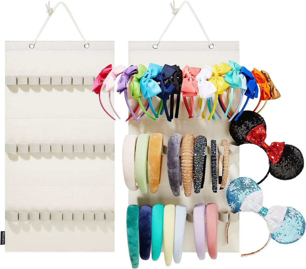 Hanging Headband Organizer with 30 Elastic Loops for Women Girls Headbands Display, Wall Headband Holder Organizer for Home (Beige)