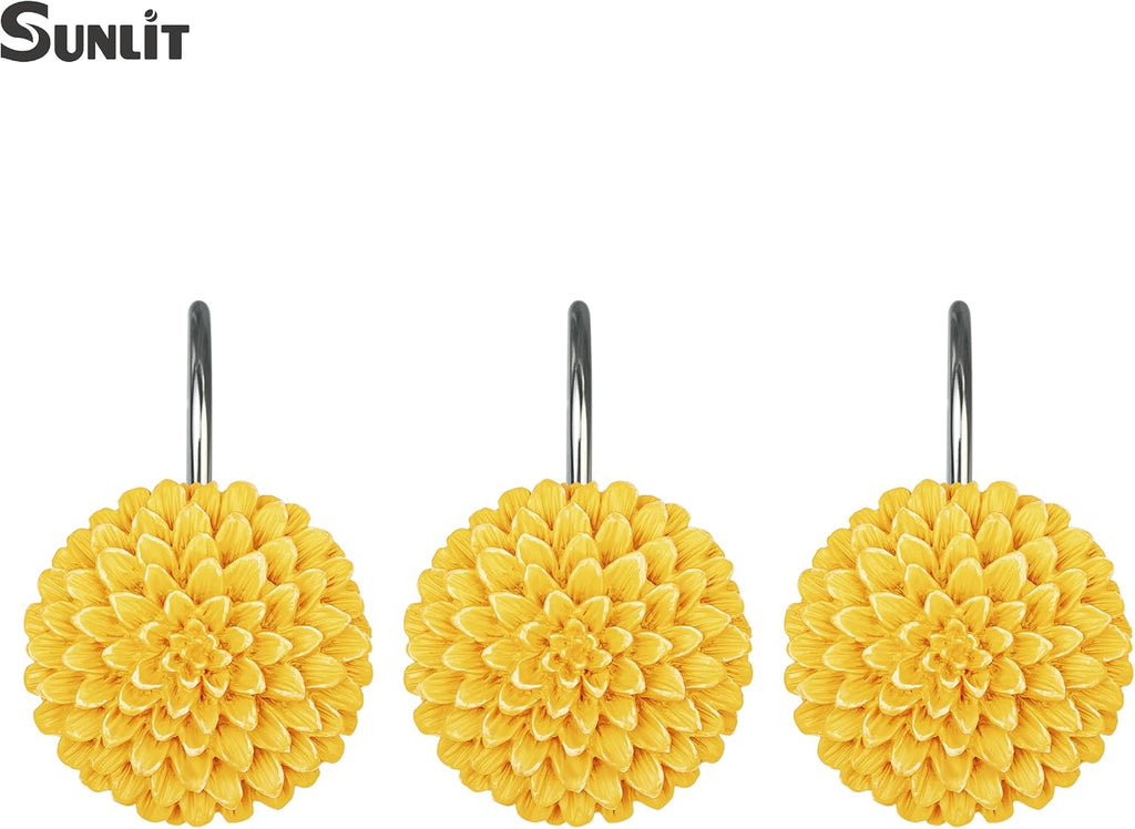 Sunlit Decorative Floral Shower Curtain Hooks, Dahlia Pinnata Flower Shower Curtain Rings, Resin, Bathroom Decoration Yellow Shower Curtain Hooks-12 Pack