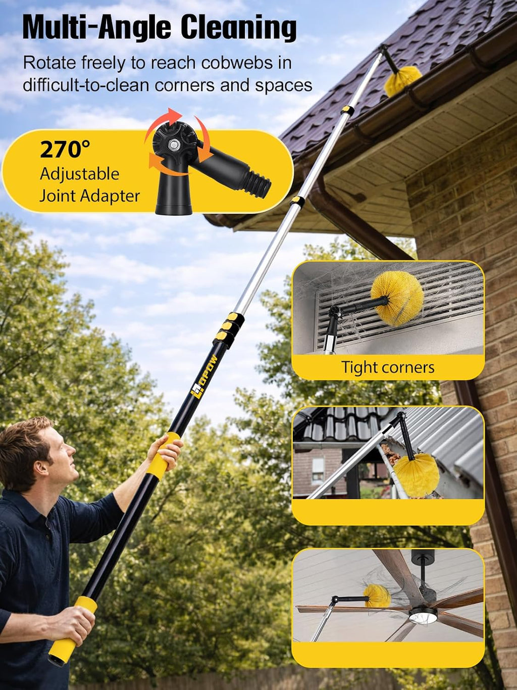 30ft High Reach Cobweb Duster with 6-24ft Extension Pole and 2 Brush Heads