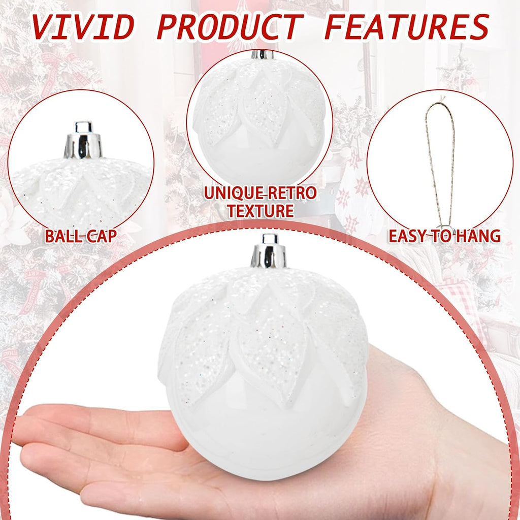 Hollyone 3.15"/80mm White Christmas Ball Ornaments 12 Pcs Shatterproof Christmas Tree Relief Ornaments Set Large Hanging Ornament Balls for Wedding Holiday Wreath Home Decor