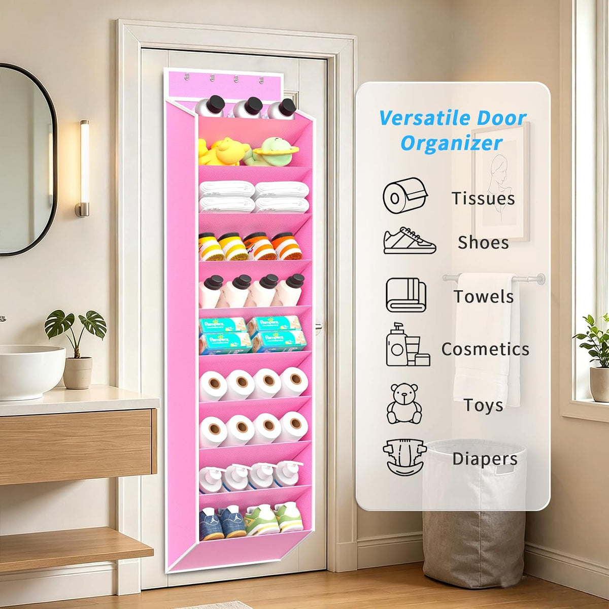 REGELETO 10-Tier Over the Door Shoe Organizer, Hanging Shoe Rack Holder with Deep Pockets for Sneakers Boots, Fits 20 Pairs Non-Woven Fabric with Stainless Steel Hooks. (Pink)