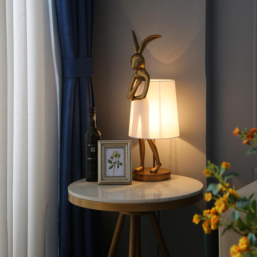 NorDiem Cute Rabbit Animal Table Lamp,Big Size 25.6", Gold Resin Bunny Decor LED Desk Light,White Linen Shade,Home Eye Protection Lamp Office Study Bedside Small Bunny Light (25.6" White Shade)