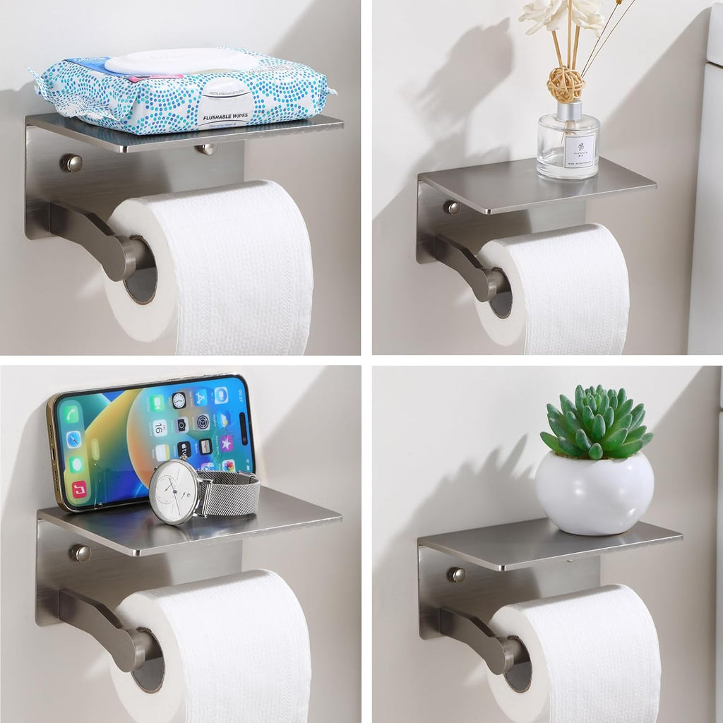 Toilet Paper Holder with Shelf, Adhesive or Screw Wall Mount Toilet Roll Holder for Bathroom, Rustproof Solid Aluminum Commercial Toilet Tissue Holder with Storage, Brushed Nickel