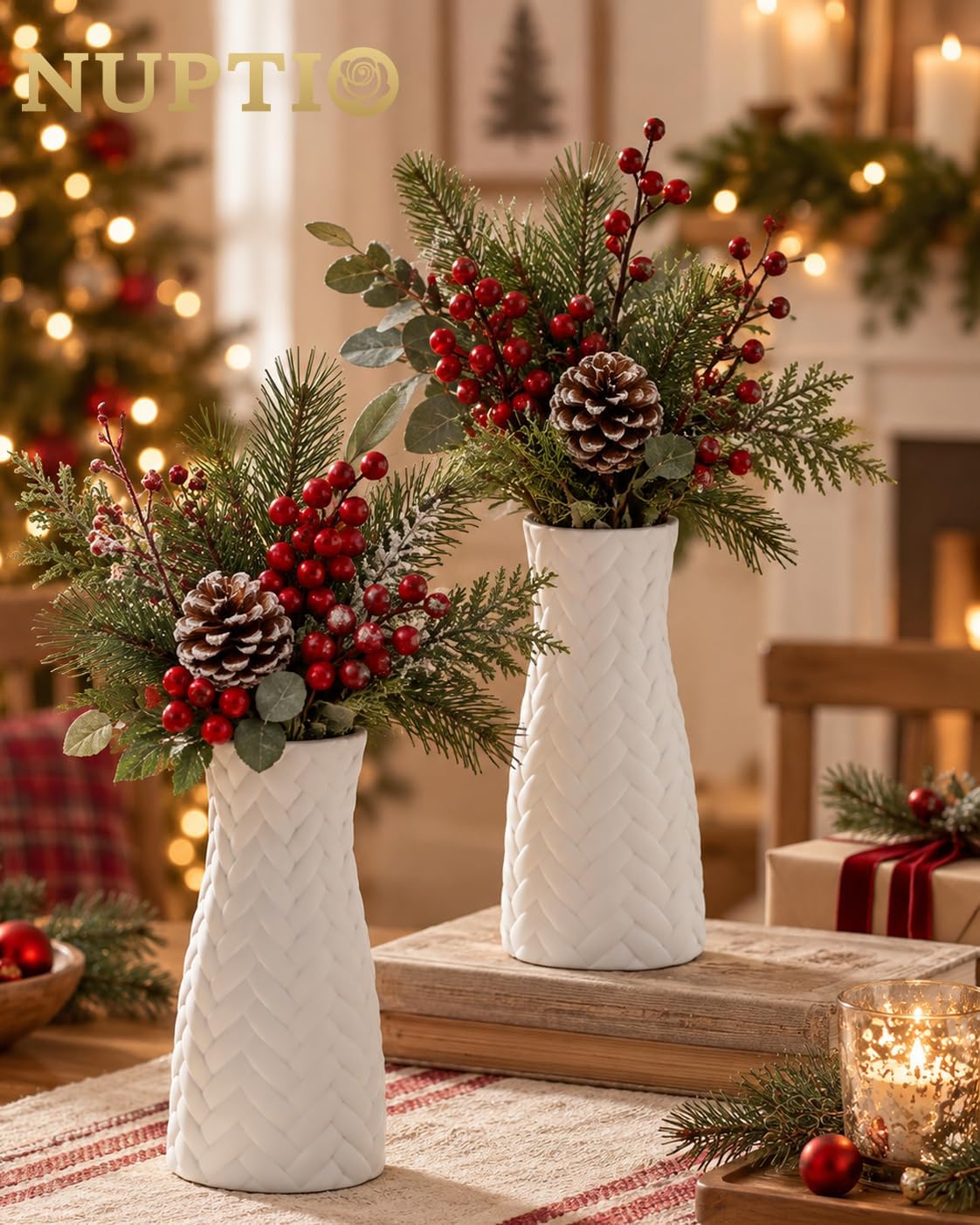 NUPTIO White Ceramic Flower Vase, Woven Texture, 7.9" Tall, Unglazed
