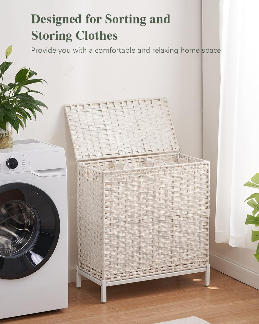 SETVSON Laundry Hamper with Lid, Large 132L Rattan Basket, White