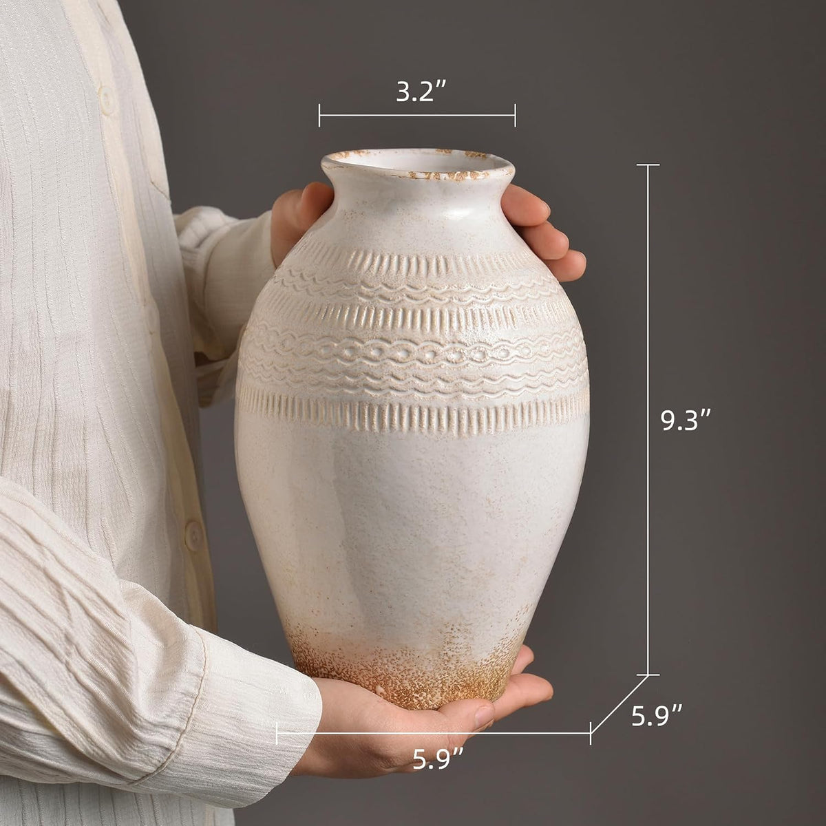 9.3 Inch Ceramic Rustic Flower Vase, White Distressed Farmhouse Vases