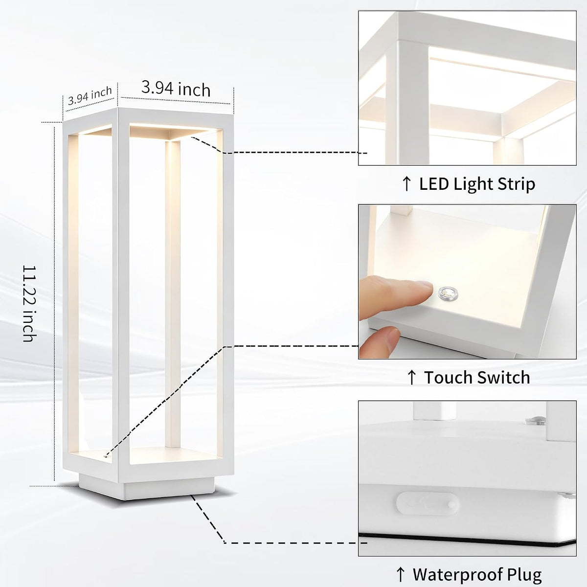 Mr.White IP54 Waterproof Outdoor LED Table Lamp - Battery Operated Rechargeable Cordless 5200mAh, Dimmable 3 Color Temperatures for Patio Backyard (White)