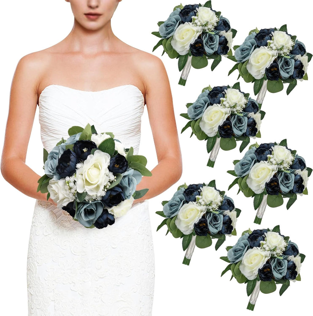 Set of 6 Bridesmaid Bouquets, 11 Inch Navy & Dusty Blue & White