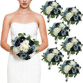 Set of 6 Bridesmaid Bouquets, 11 Inch Navy & Dusty Blue & White