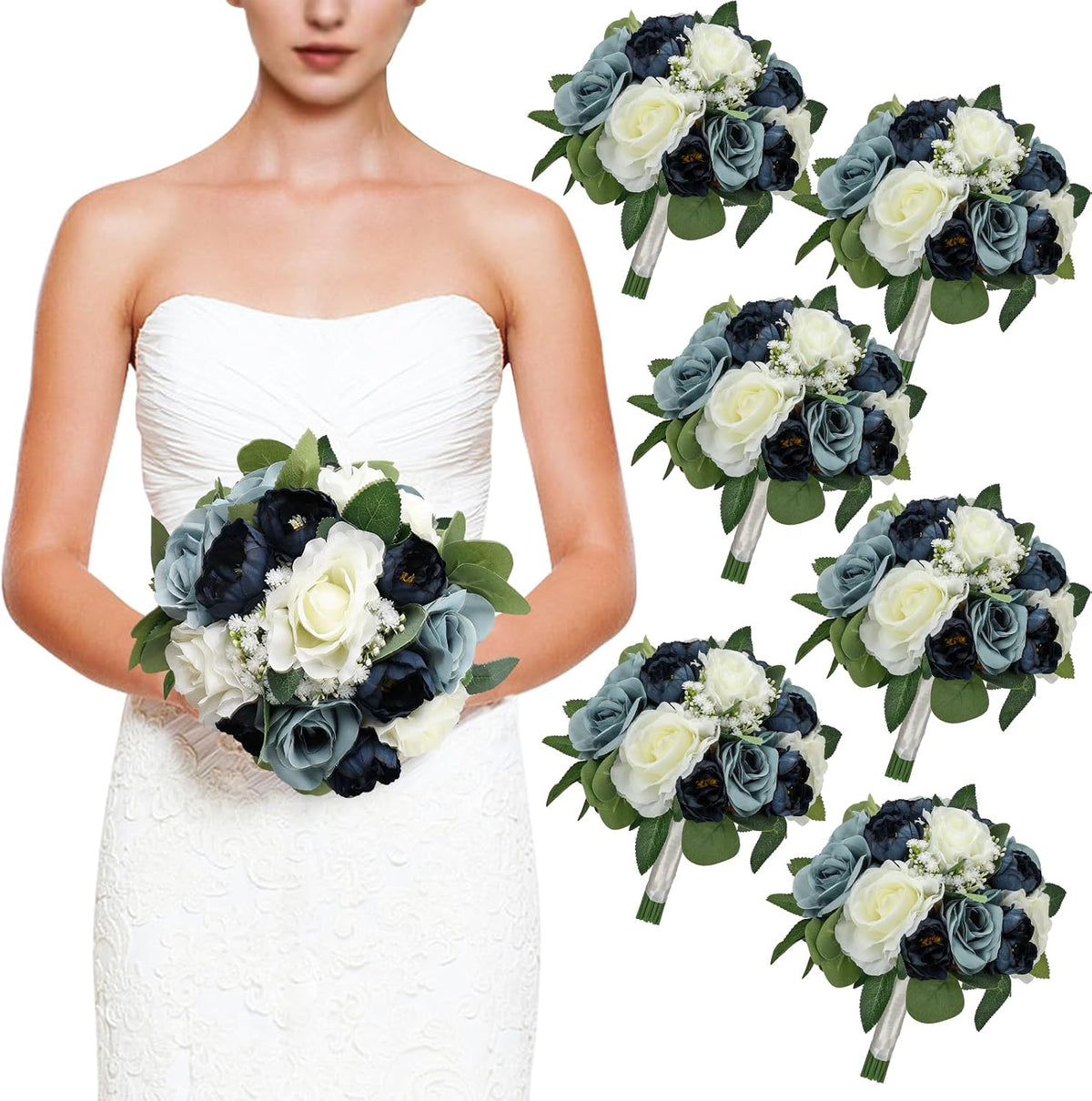Set of 6 Bridesmaid Bouquets, 11 Inch Navy & Dusty Blue & White