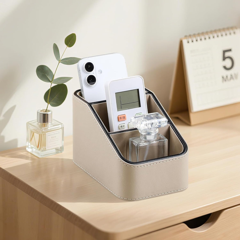Remote Control Holder, Small Desk Organizer TV Remote Caddy, Beige
