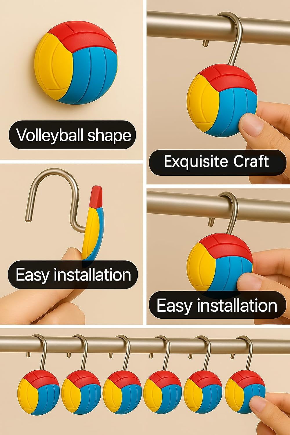 Colorful Volleyball Shower Curtain Hooks Set of 12 - Resin Sports Themed Bathroom Hooks, Fun Decorative Accessories for Sports Fans
