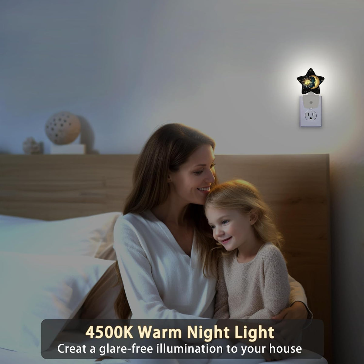 Celestial Moon Golden Sun Night Light Plug-in Dusk to Dawn Smart Sensor White Led Nightlight for Bedroom Bathroom Kitchen Hallway Stairs Energy Efficient Decor Desk Lamp