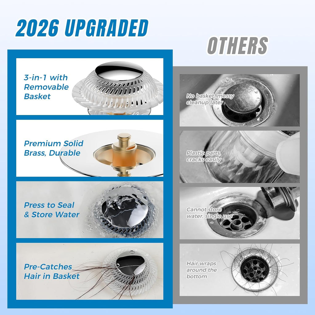 Hair Catcher Drain Stopper for Bathtub, Pop-Up with Silicone Filter, 3-Layer Brass Rust-Proof, One-Button Seal & Drain, Fits Standard U.S. Drains (1-1/2” & 1-3/8”), No Tools Needed