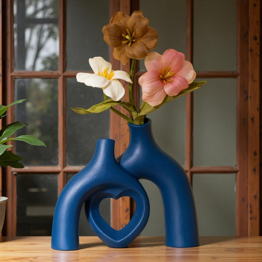 Liotww Ceramic Flower Vase Navy Blue Heart Shaped Home Decor Vase