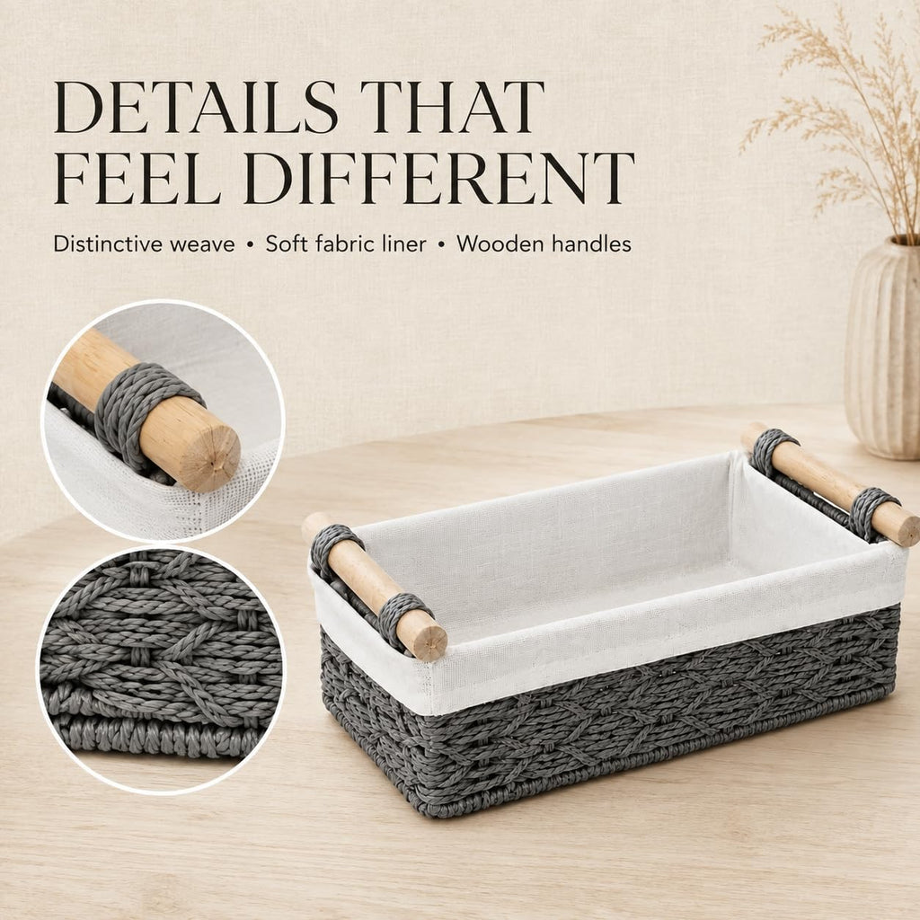 Gray Bathroom Baskets Set of 2, Paper Rope, Wood Handles