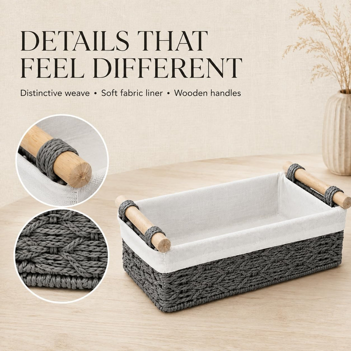 Gray Bathroom Baskets Set of 2, Paper Rope, Wood Handles