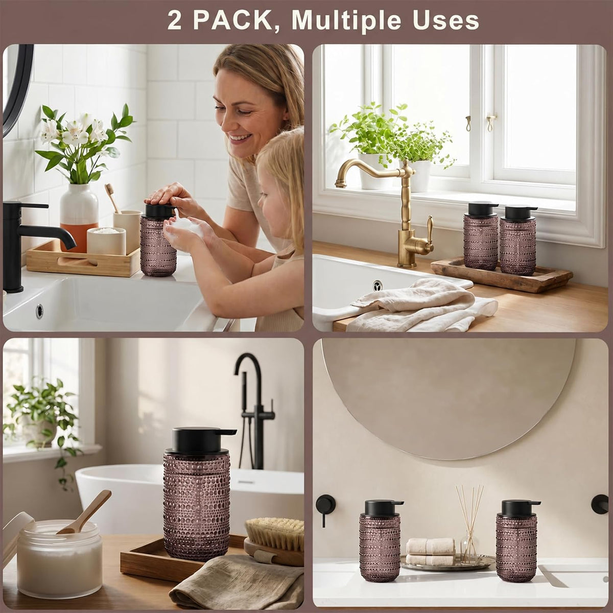 2 Pack Purple Glass Foaming Soap Dispenser, Vintage Foam Hand Soap Dispenser, 14 OZ Hobnail Texture Foam Dispenser with Black Pump for Bathroom, Kitchen, Refillable, Nordic Modern Farmhouse Decor