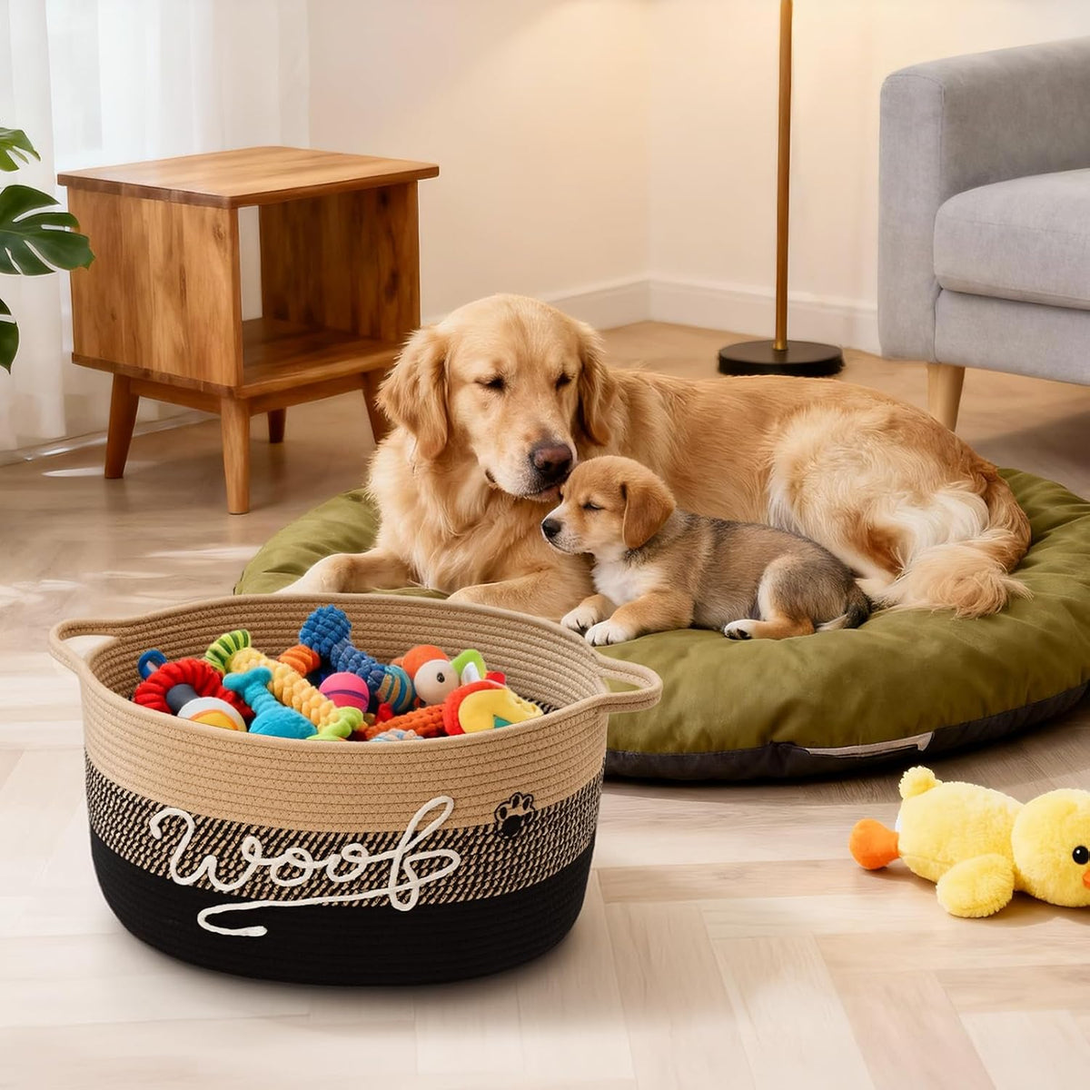 Woof Dog Toy Basket with Handles, Large Dog Toy Storage Bin with Paw Print, Woven Dog Basket for Blankets, Toys, Chews, Pet Toy Box for Nursery, Living Room, Bedroom, 20”x14”x9, Black