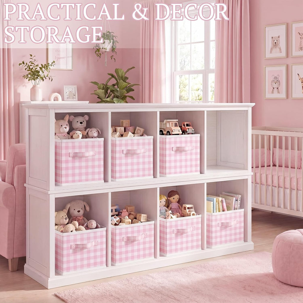 Yalikop 6 Pcs Pink Gingham Cube Storage Bins, 11 Inch Fabric Checkered Classroom Storage Bins Organizer with Handle Preppy Collapsible Cubby Basket for Classroom Home Nursery Playroom Bedroom