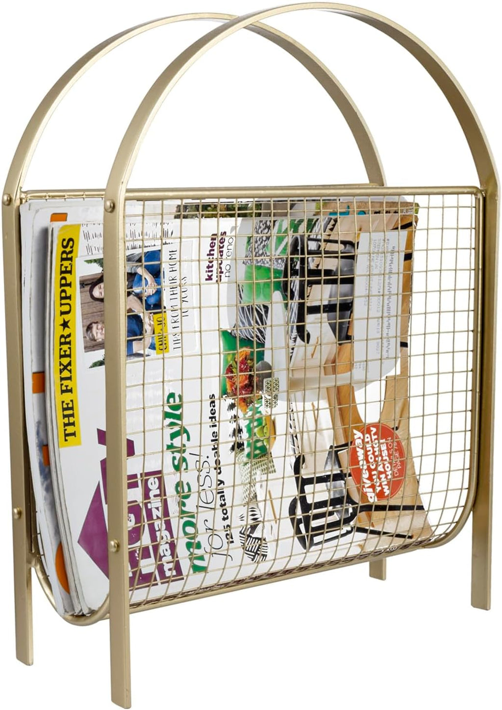 MyGift Mid Century Brass Tone Metal Mesh Magazine Rack Storage Basket