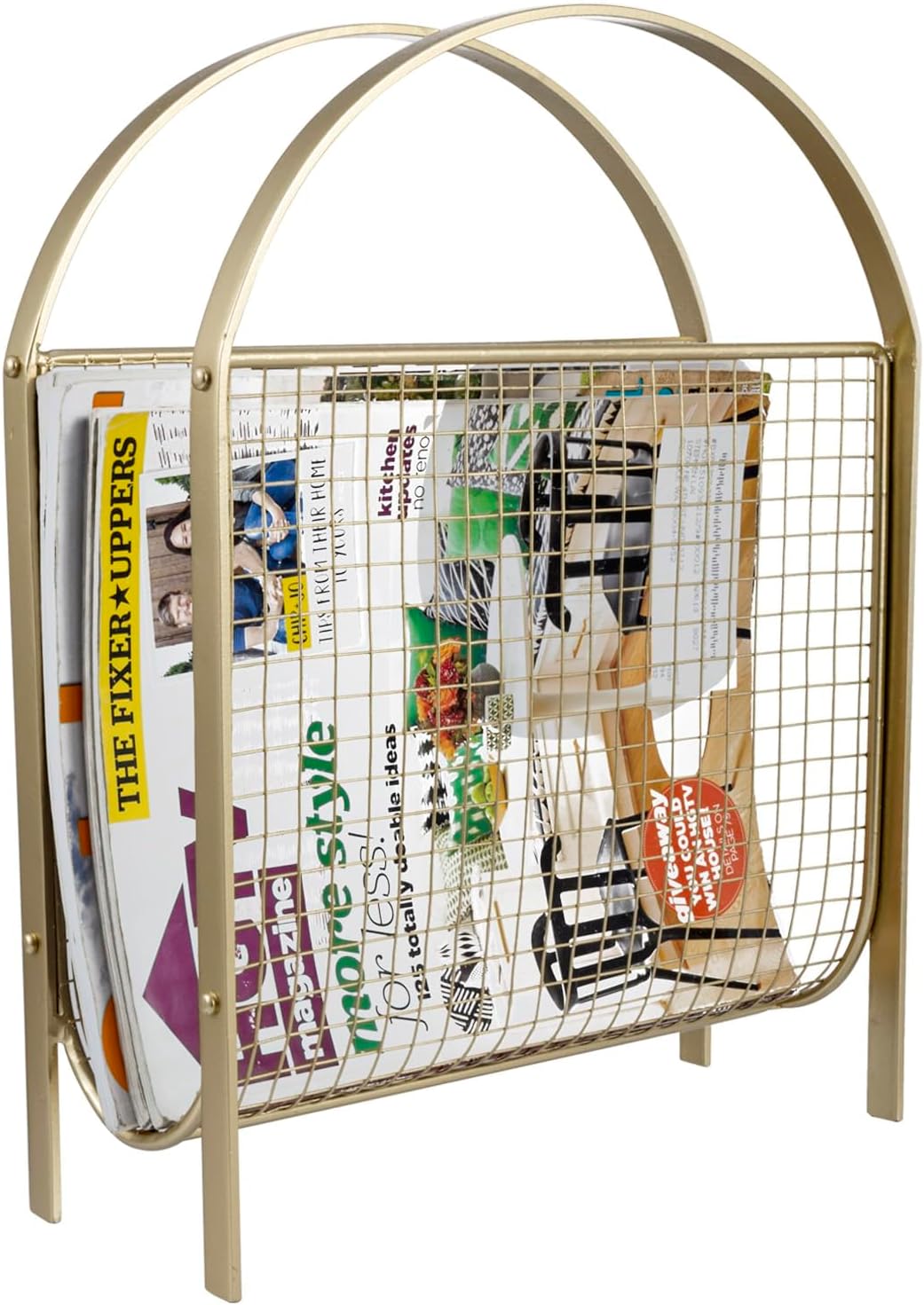 MyGift Mid Century Brass Tone Metal Mesh Magazine Rack Storage Basket