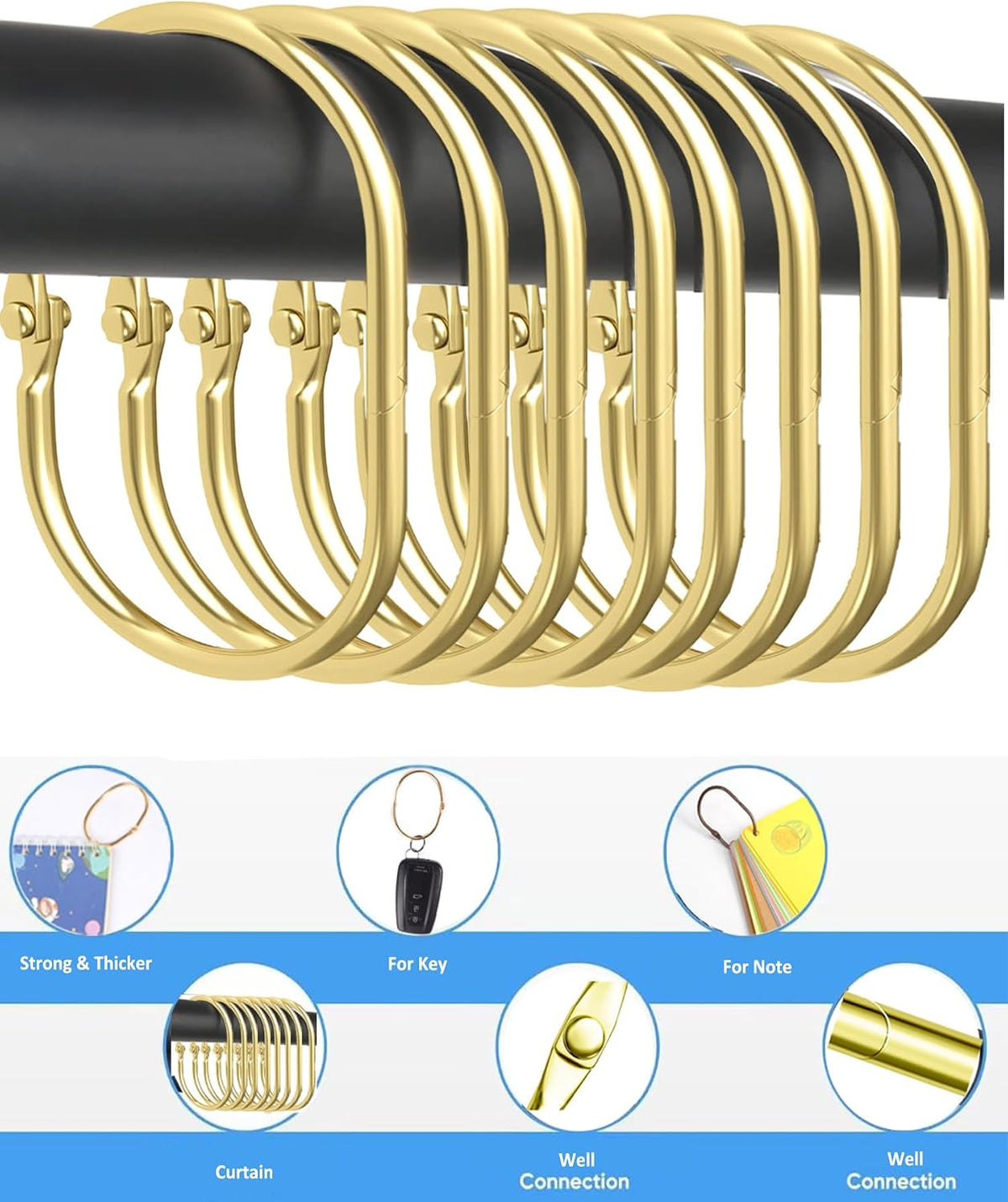 12 Pack Gold Shower Curtain Hooks,Gold Shower Curtain Rings,Brushed Nickel Shower Curtain Hooks Rust Proof, Metal Rust Proof Anti-Drop Smooth Shower Hooks for Shower Curtain (gold-12pack)