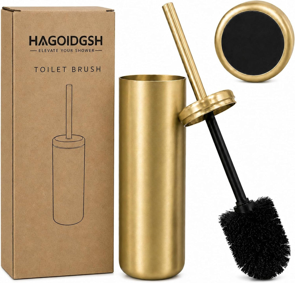 Chrome Toilet Brush and Holder Set，Extra Long Handled Toilet Bowl Brush and Holder，Stainless Steel Heavy Duty Toilet Brush for Bathroom,Deep Cleaning Modern Toilet Cleaner Slip Base (Gold)