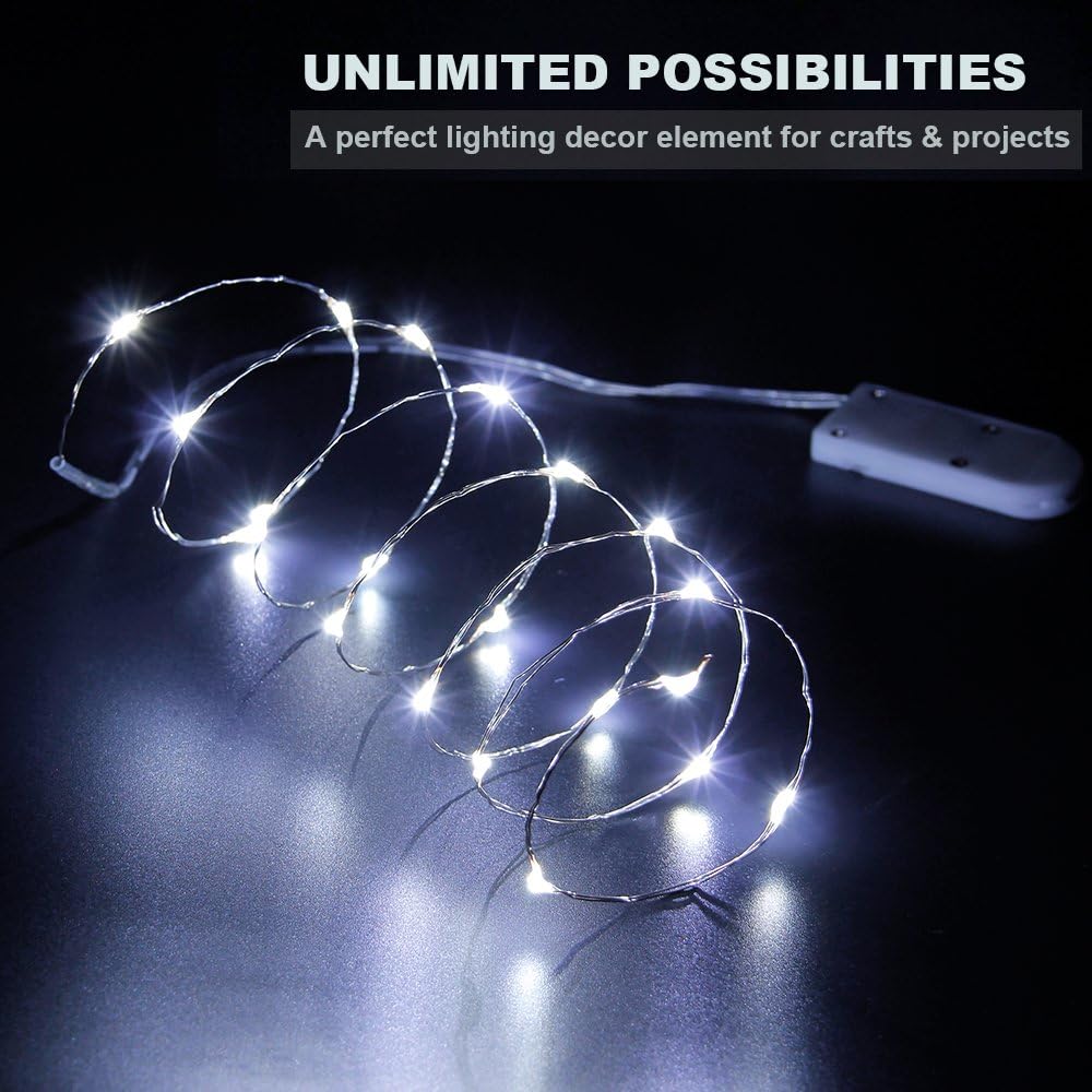 YKB 12 PCS White Fairy Lights LED String Lights Battery Powered, 20 Micro LEDs on 3.3ft/1m Silvery Copper Wire, Battery Operated String Lights by 2xCR2032, for Christmas Decorations Holiday Wedding