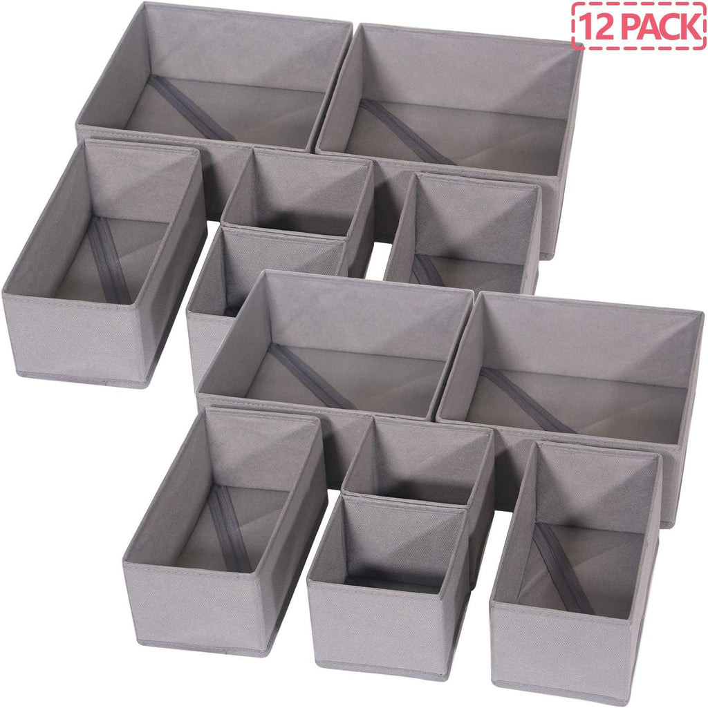 DIOMMELL 12 Pack Foldable Cloth Storage Box Closet Dresser Drawer Organizer Fabric Baskets Bins Containers Divider for Baby Clothes Underwear Bras Socks Lingerie Clothing,M Grey 444