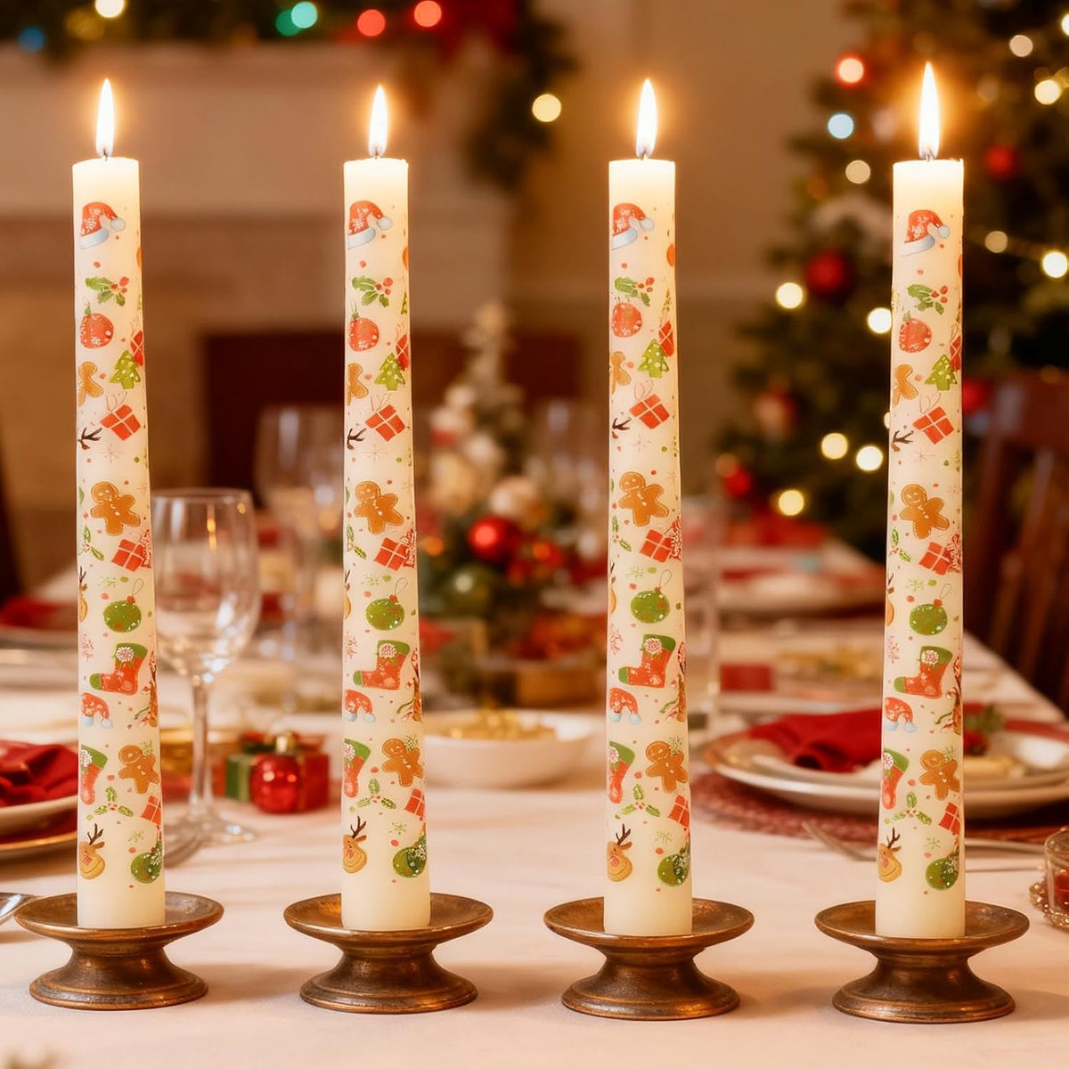4 Pack Christmas Taper Candles,10 Inch Unscented White Candlesticks with Christmas Tree Print Design for Holiday Table Decor, Fireplace Mantel, Winter Weddings(Ivory)
