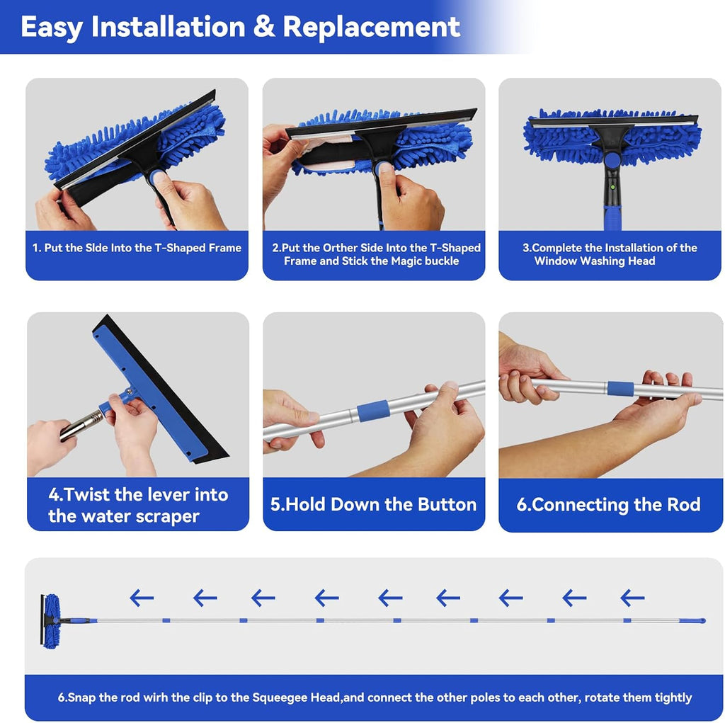 Window Washing Kit with Extension Pole: 3 in 1 Window Squeegee 20+ Ft Reach