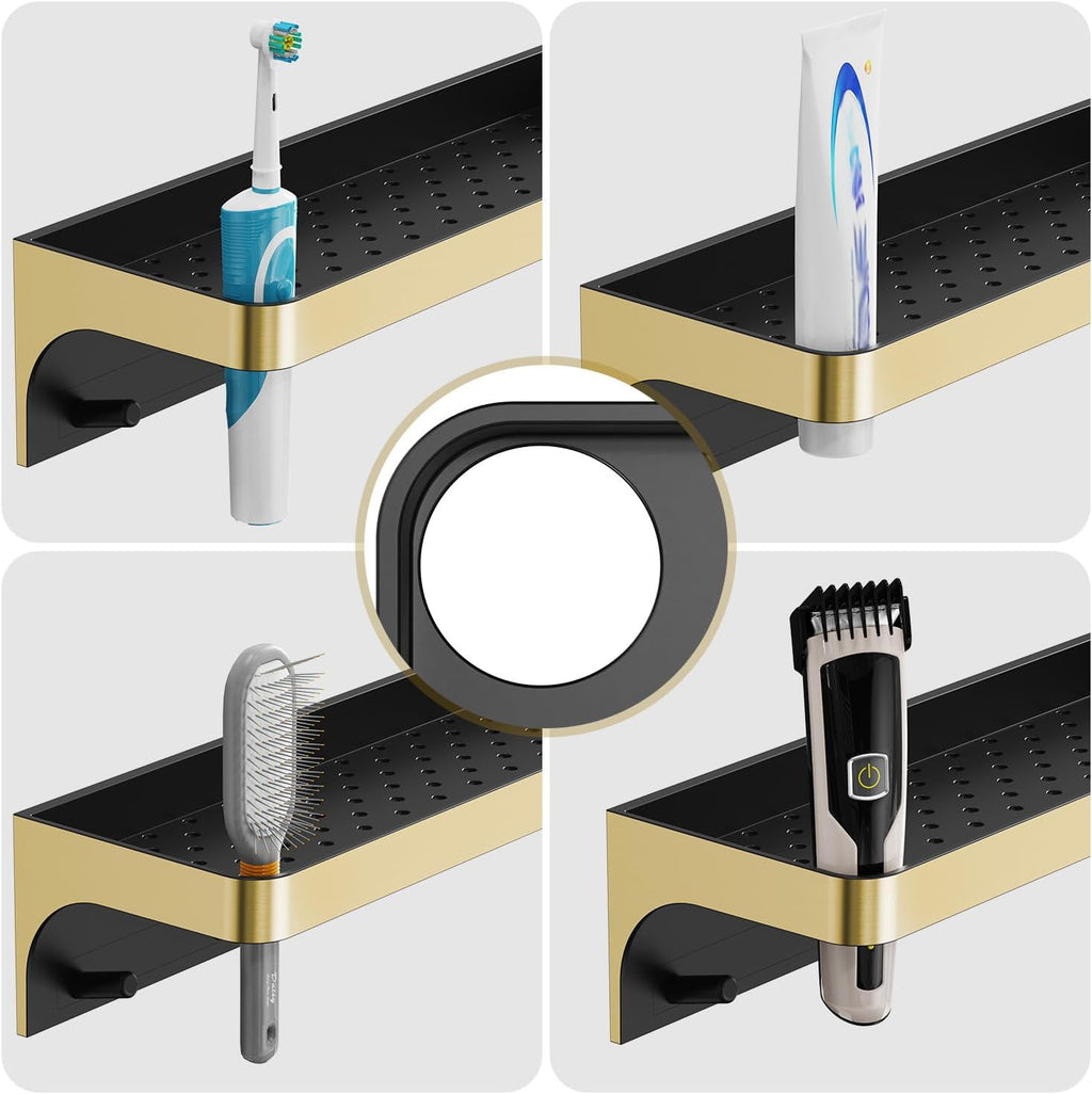 Shower Caddy Adhesive with 5 Hooks & Drainage, No-Drill, Gold