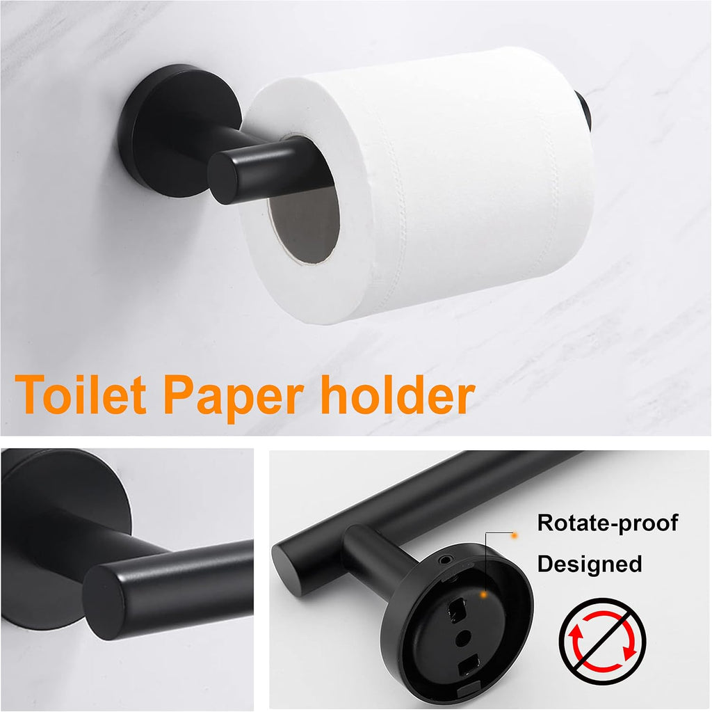 Nolimas 3-Pieces Set Matte Black Bathroom Hardware Set SUS304 Stainless Steel Round Wall Mounted - Includes 12" Hand Towel Bar,Toilet Paper Holder, Robe Towel Hooks,Bathroom Accessories Kit
