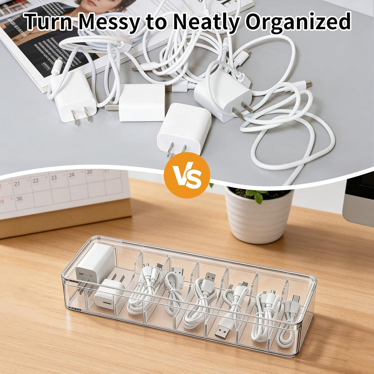 Cable Organizer Storage Box with Lid - Clear Phone Charger Cord Organizer Case - Cables Wire Management Box with Adjustable Compartments 10 Wire Ties for Drawer Desk Office Home Accessories(1 pack)
