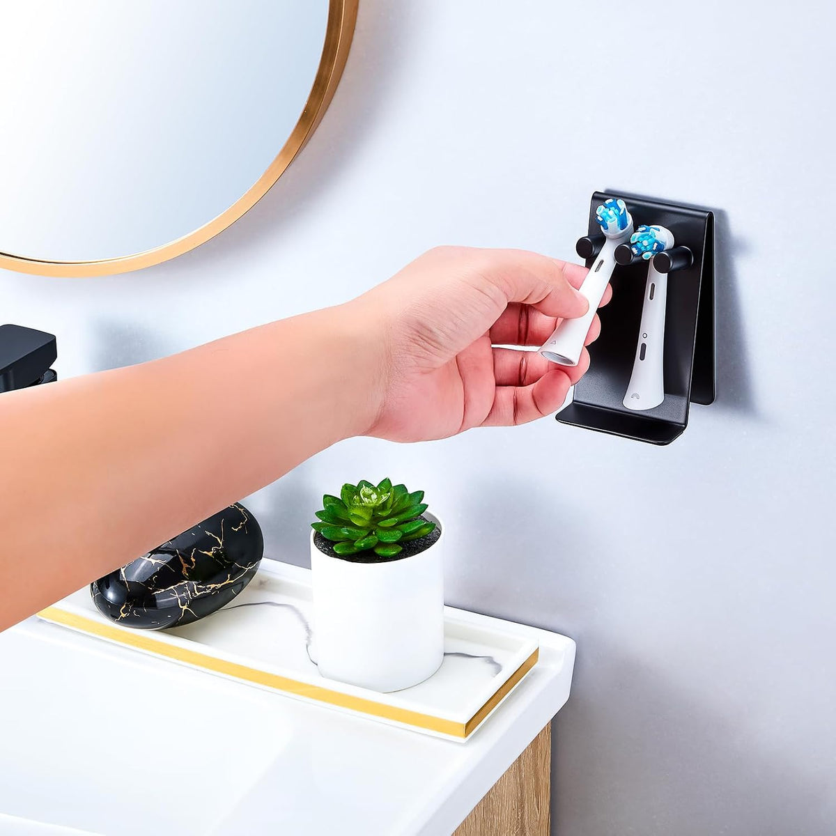 Electric Toothbrush Head Holder, Self Adhesive or Desktop Tooth Brushing Holder, Wall Mounted Toothbrush Holders Shower Bathroom, Tooth Brush Holder Organiser (Black, Small)
